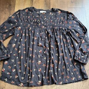 Lucky Brand Navy Floral Smocked Peasant Blouse